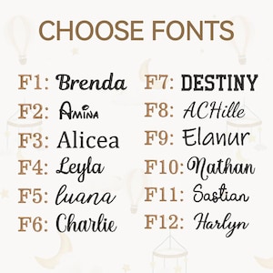 May include: A graphic displaying a selection of fonts for personalized items. The text "CHOOSE FONTS" is at the top. Below are twelve font options, each with a name, such as "Brenda" and "Destiny", and a corresponding number.