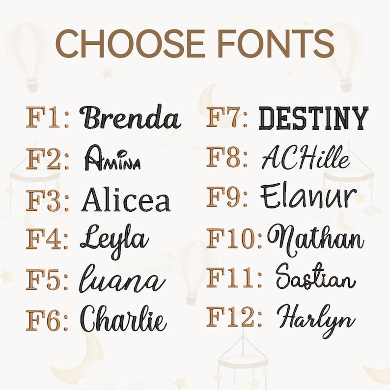 May include: A graphic displaying a selection of fonts for personalized items. The text "CHOOSE FONTS" is at the top. Below are twelve font options, each with a name, such as "Brenda" and "Destiny", and a corresponding number.