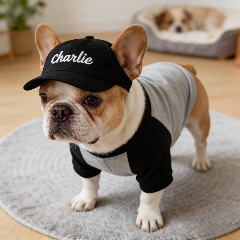 May include: A French Bulldog wearing a black baseball cap with "Charlie" embroidered in white script. The dog is also wearing a gray and black baseball-style shirt. The dog is standing on a gray rug.