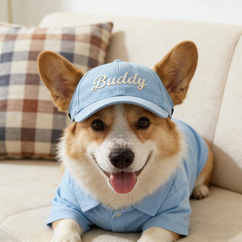 May include: A smiling corgi dog wearing a light blue baseball cap with the name "Buddy" embroidered on the front. The dog is also wearing a matching light blue collared shirt. The dog is sitting on a cream-colored couch.