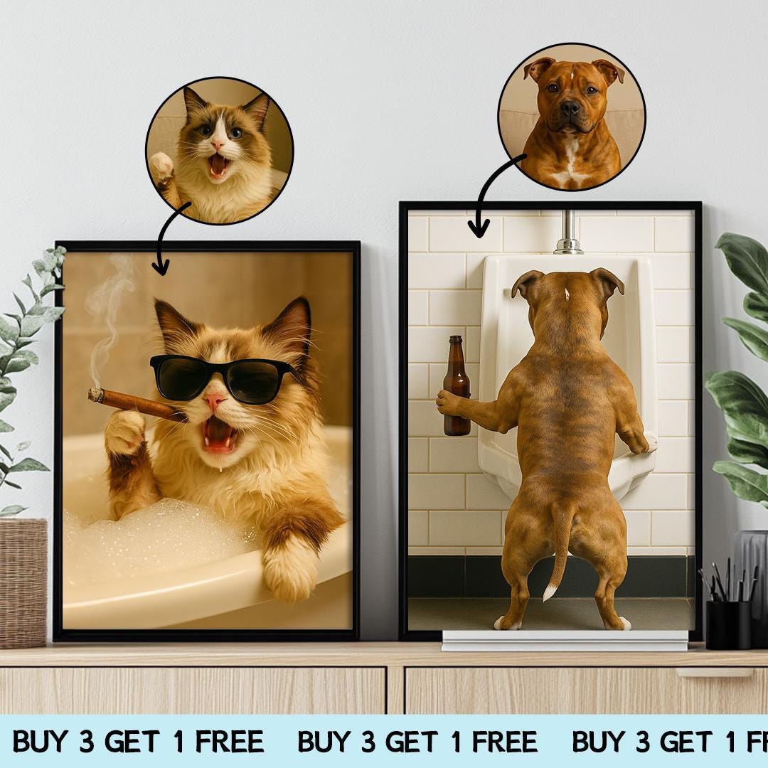 Funny Custom Pet Bathroom Wall Art – Personalized Dog & Cat Portraits with Beer, Cigar and Toothbrush – Humorous Decor for Pet Lovers
