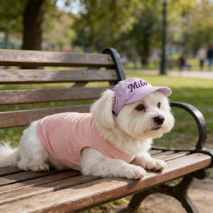 May include: A small white dog wearing a light pink t-shirt and a lavender baseball cap with the name "Milo" embroidered on it. The dog is lying on a wooden park bench, with a blurred green background.