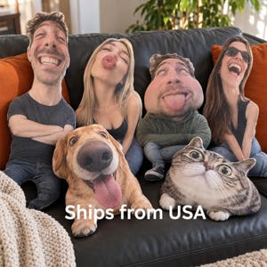 May include: A collection of six custom-shaped throw pillows featuring photographic prints of four different people and two pets. The pillows include a man with arms crossed, a woman blowing a kiss, a man sticking his tongue out, a woman wearing sunglasses, a dog, and a cat.