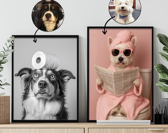 Custom Funny Pet Portrait – Dog or Cat in Bathrobe, Bathroom Wall Art, Personalized Pet Gift, Toilet Humor Decor, Pet Loss Gift