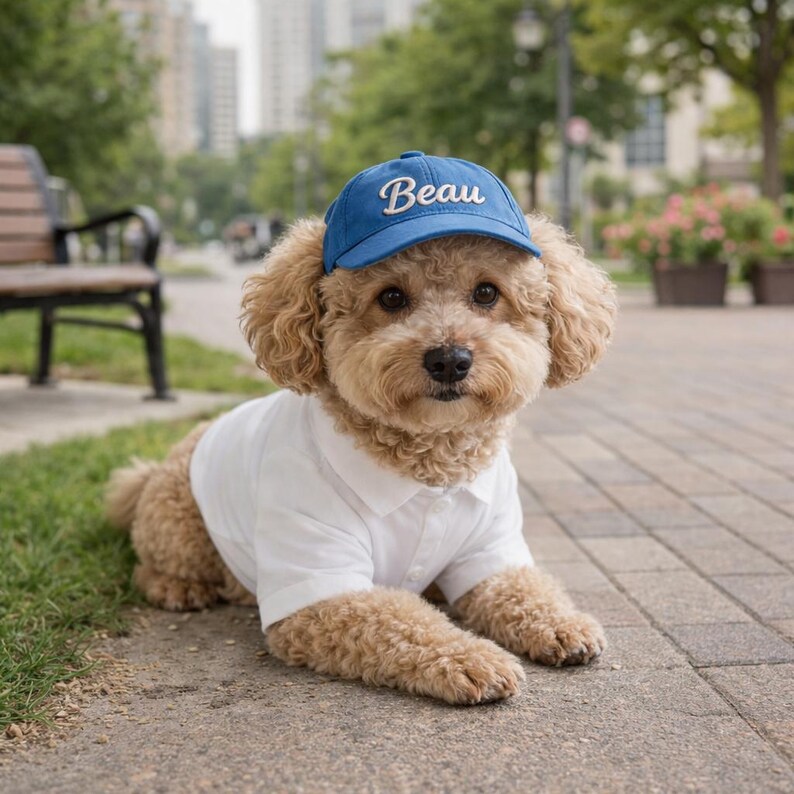 May include: A light brown dog wearing a blue baseball cap with the name "Beau" embroidered on the front. The dog is also wearing a white collared shirt and is lying on a paved surface with grass and a park bench in the background.