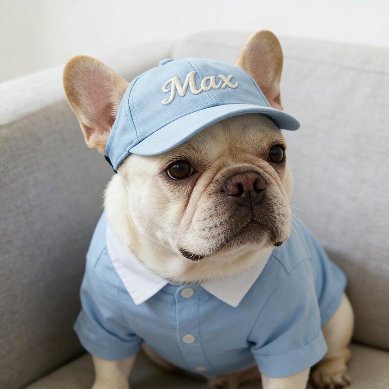 May include: A light blue dog baseball cap with the name "Max" embroidered in white script. The dog is wearing a light blue button-down shirt with a white collar. The dog is a French Bulldog.