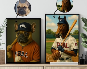 Custom Baseball Pet Portrait – Funny Sports-Themed Dog or Cat Painting – Personalized Pet Art Gift for Baseball Lovers