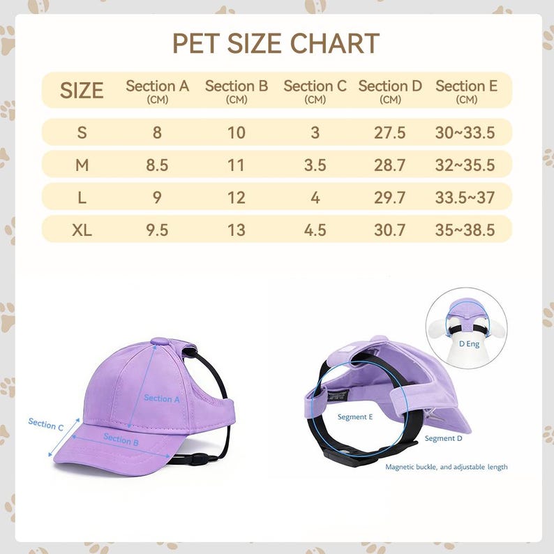 May include: A pet size chart with measurements in centimeters, and two lavender-colored dog hats. The chart shows sizes S, M, L, and XL, with corresponding measurements for different sections of the hats. The hats have adjustable straps.