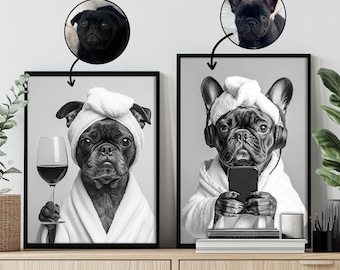 Impression chien avec du vin, chien buvant de la bière, impression chien dans une robe, portraits d'animal de compagnie personnalisés, chien dans les toilettes, animal de compagnie dans la baignoire, affiche de salle de bain chien drôle, cadeau pour animal de compagnie
