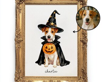 Personalized Halloween Dog Portrait, Funny Pet Costume Illustration, Witch Cat Pumpkin Artwork, Custom Gift