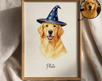 Custom Halloween Pet Portrait, Dog Cat Wall Art, Witch Hat Pumpkin Costume, Funny Fall Home Decor Gift