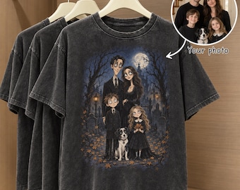 Custom Halloween Portrait Shirt, Personalized Photo T-Shirt, Family & Pet Cartoon Tee, Spooky Gothic Halloween Gift, Custom Graphic Shirt