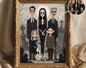 Custom Gothic Family Portrait, Dark Cartoon Style, Tim Burton Inspired Creepy Cute Halloween Wall Art, Personalized Spooky Illustration