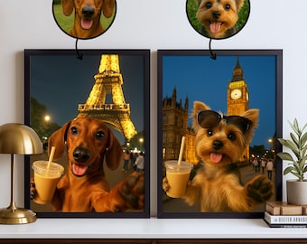 Custom Pet Portrait Travel Landmark, Dog Cat Painting with Famous World Monuments, Personalized Vacation Style Pet Wall Art Gift