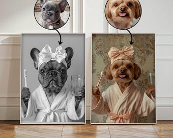 Dog Bathroom Funny Portrait, bathroom art decor, toothbrush, Personalized Pet Portraits, Dog in Bathrobe, Custom Pet Portrait,Pet Owner Gift