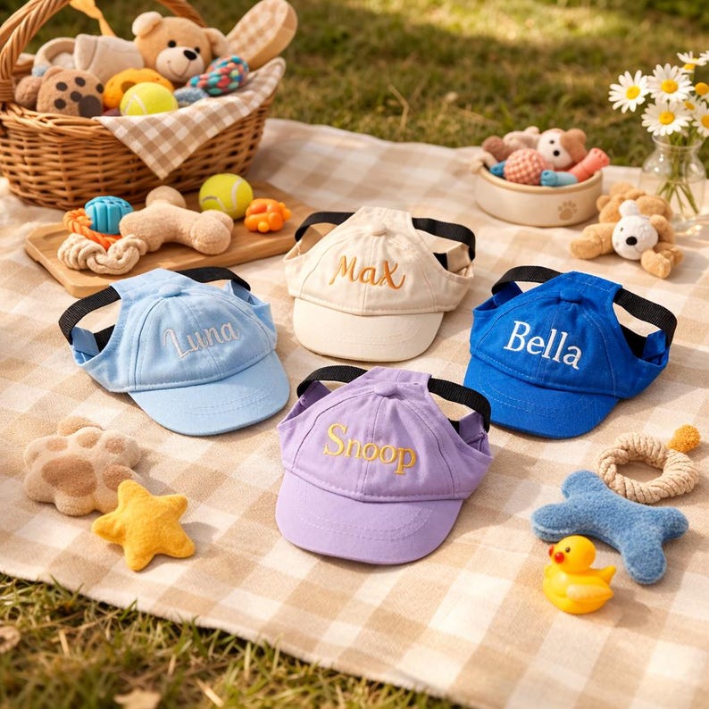 May include: A picnic scene featuring dog accessories. There are four baseball caps in light blue, cream, royal blue, and lavender, each embroidered with a dog's name. The scene includes a picnic basket, dog toys, and a yellow rubber duck.