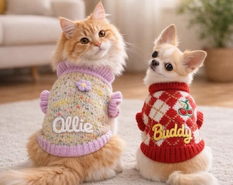 Personalized Dog Sweater, Custom Embroidered Pet Knit Coat, Winter Cat & Small Dog Clothes