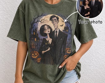 Personalized Halloween Shirt from Photo, Custom Family Portrait Tee, Pet & People Cartoon T-Shirt, Spooky Gothic Custom Halloween Gift