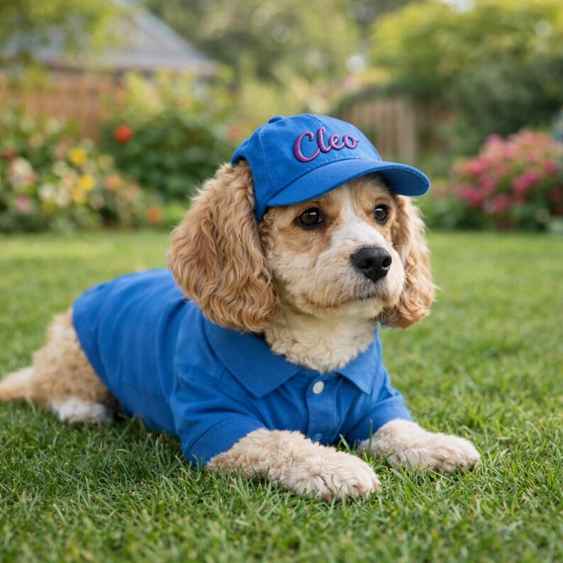 May include: A small dog wearing a blue polo shirt and a matching blue baseball cap with the name "Cleo" embroidered in pink. The dog is lying on green grass in a sunny outdoor setting.