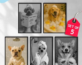 Custom Funny Pet Bathroom Wall Art Prints Set of 5 - Dog Spa Poster, Bathtub Decor, Grooming Gift, Cute Dog Wash Canvas, Digital Download