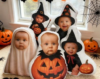 Custom Halloween Baby Photo Pillow, Personalized Pumpkin and Witch Costume Cushion, Cute Fall Gift for Kids and Family