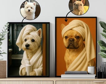 Anpassat husdjursporträttfoto, rolig badrumskonst, hund som läser tidning på toaletten, hundväggkonst, hund i toaletten, husdjur i badkar, personlig husdjurspresent