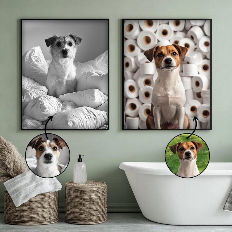 Custom Pet Portrait Photo,Funny Bathroom Art,Dog Reading Newspaper on Toilet,Dog Wall Art,Dog in Toilet,Pet in Bathtub,Personalized pet gift image 7