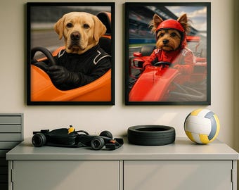 Custom Racing Pet Portrait – Personalized Dog Racecar Wall Art, Formula One Pet Artwork, Funny Animal Driver Print, Digital Download Gift
