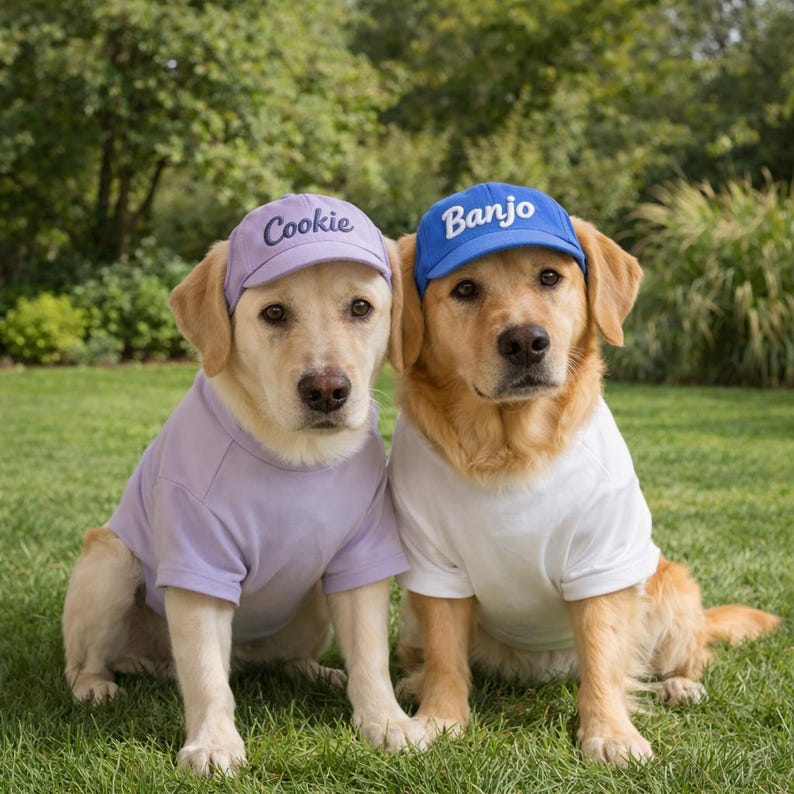 May include: Two Labrador Retrievers wearing matching outfits. One dog wears a lavender cap and shirt with "Cookie" embroidered on the cap. The other dog wears a blue cap with "Banjo" and a white shirt. They sit on green grass.