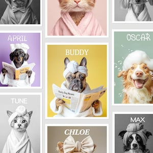 Portrait d'animal de compagnie personnalisé, chien lisant le journal, peinture d'animal de compagnie à partir d'une photo, cadeau commémoratif pour animal de compagnie, oeuvre d'art pour la salle de bain, animal de compagnie dans la baignoire, oeuvre d'art murale pour animal de compagnie, chien dans les toilettes