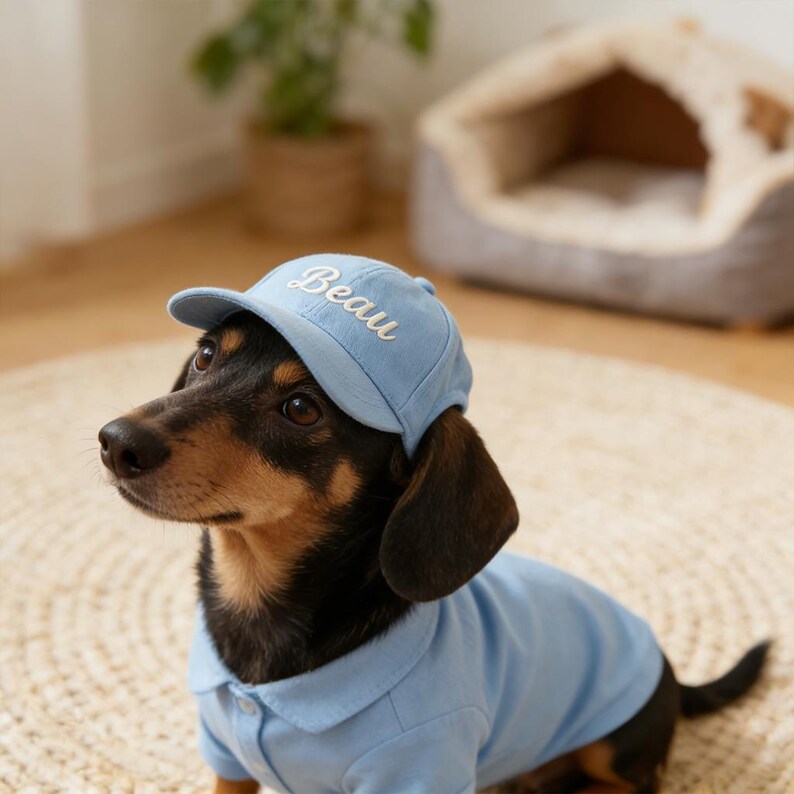 May include: A Dachshund dog wearing a light blue baseball cap with the name "Beau" embroidered on the front. The dog is also wearing a light blue polo shirt. The dog is sitting on a woven rug.
