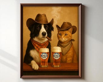 May include: A framed print featuring a dog and a cat, both wearing cowboy hats and bandanas, enjoying beers. The dog is smoking a cigar. The beer glasses have the "Busch Light" logo. The artwork has a sepia tone.