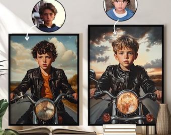 Custom Motorcycle Rider Portrait for Kids – Personalized Biker Art, Boy Gift, Digital Painting from Photo