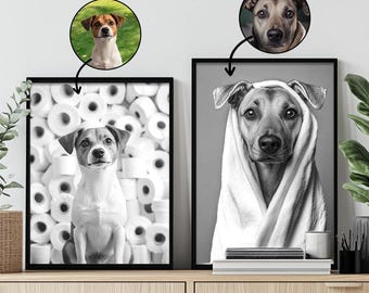 Custom Pet Portrait Photo,Funny Bathroom Art,Dog Reading Newspaper on Toilet,Dog Wall Art,Dog in Toilet,Pet in Bathtub,Personalized pet gift