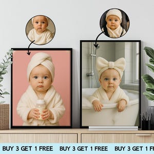 Puede incluir: Dos retratos de bebés enmarcados. Uno muestra a un bebé con bata y toalla blancas, sosteniendo un biberón, sobre un fondo rosa. El otro muestra a un bebé con bata blanca y un lazo grande, en una bañera. El texto "BUY 3 GET 1 FREE" está en la parte inferior.