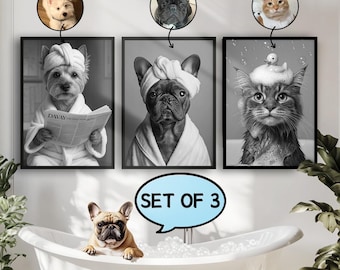 Pet Bathroom Art,Custom Pet Portraits,Bathroom Wall Art Decor Prints,Dog In Toilet,Pet in Bathtub,Pet Gifts,Dog Reading Newspaper on Toilet