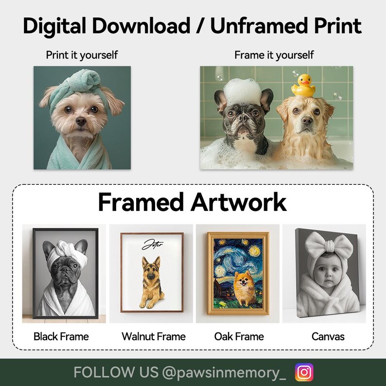 The image is a collage of four different framed artwork images, each featuring a dog in a unique pose. The images include a dog in a bathtub with a rubber duck, a dog in a bathtub with a towel, a dog in a bathtub with a towel and a bathtub, and a dog in a bathtub with a towel and a bathtub. The collage is titled "Digital Download / Unframed Print" and " Framed Artwork" and includes options for print, frame, and canvas.