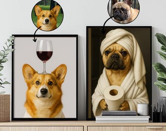 Anpassat husdjursporträttfoto, rolig badrumskonst, hund som läser tidning på toaletten, hundväggkonst, hund i toaletten, husdjur i badkar, personlig husdjurspresent