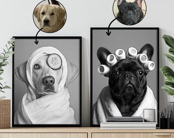 Pet Bathroom Art Wall Decor,Funny Dog Bathroom Print Poster,Custom Pet Portraits,Dog In Toilet,Pet in Bathtub,Personalized Pet Dog Mom Gift