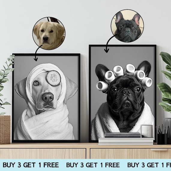 Pet Bathroom Art Wall Decor,Funny Dog Bathroom Print Poster,Custom Pet Portraits,Dog In Toilet,Pet in Bathtub,Personalized Pet Dog Mom Gift