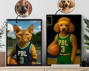 Custom Basketball Pet Portrait – Funny Dog or Cat Jersey Painting – Personalized Sports-Themed Pet Art Gift