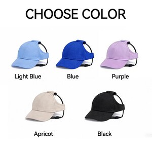 May include: A collection of five baseball caps in various colors: light blue, blue, purple, apricot, and black. Each cap has a unique design with a hole for the ears and a strap for securing it. The text "CHOOSE COLOR" is at the top.