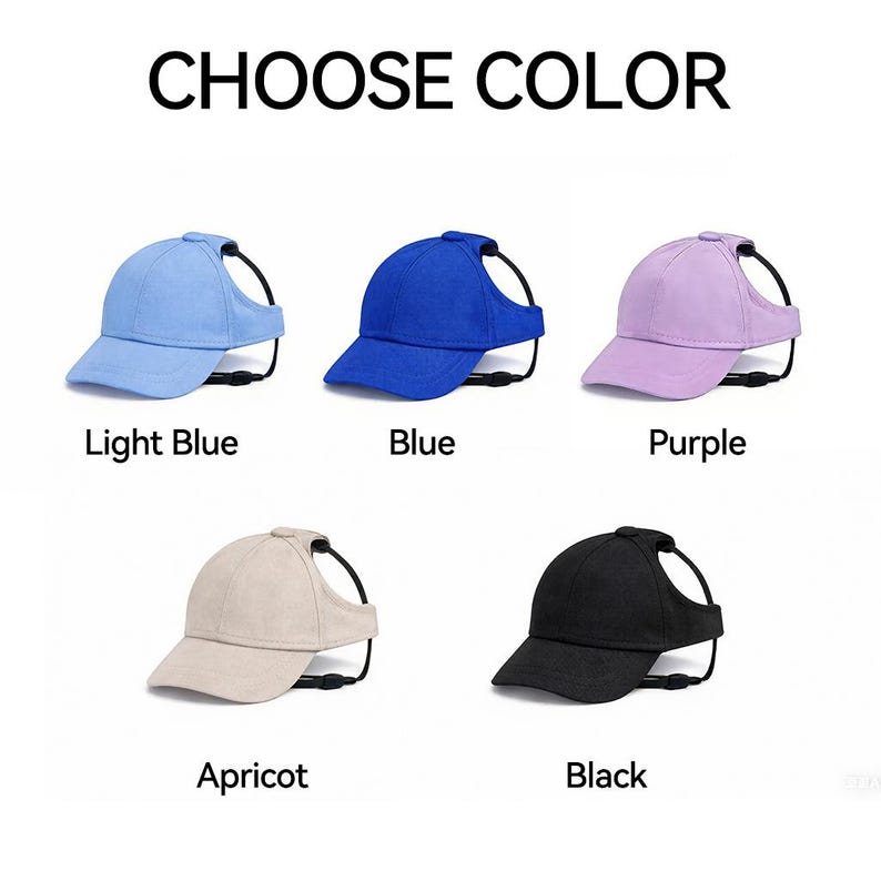 May include: A collection of five baseball caps in various colors: light blue, blue, purple, apricot, and black. Each cap has a unique design with a hole for the ears and a strap for securing it. The text "CHOOSE COLOR" is at the top.