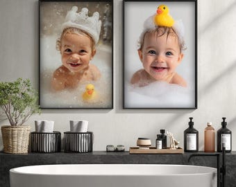 Custom Baby Portrait, Funny Bathroom Wall Art, Personalized Kids Photo Print, Unique Nursery Decor, Birthday Gift for Parents