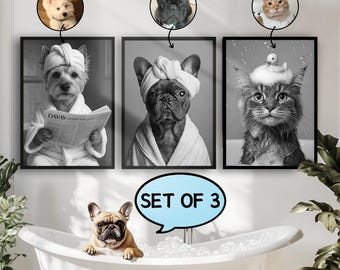 Pet Bathroom Art,Custom Pet Portraits,Bathroom Wall Art Decor Prints,Dog In Toilet,Pet in Bathtub,Pet Gifts,Dog Reading Newspaper on Toilet