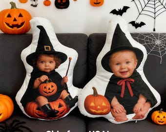 Personalized Baby Face Halloween Pillow, Custom Jack O’Lantern Witch Throw Pillow, Funny Keepsake Gift from USA