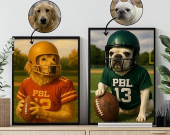 Pet Football Player Portrait – Custom Pet Art in Team Uniform – Unique Dog or Cat Gift for Sports Fans