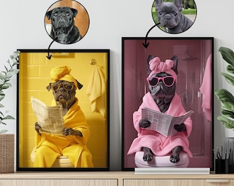 Custom Pet Portrait Photo,Funny Bathroom Art,Dog Reading Newspaper on Toilet,Dog Wall Art,Dog in Toilet,Pet in Bathtub,Personalized pet gift