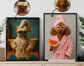 Aangepast huisdierportret, grappige hond badkamerkunst, gepersonaliseerd cadeau verlies hond of kat, hond kunst aan de muur, hond leest krant op toilet, huisdier in bad