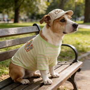 May include: A dog wearing a beige baseball cap with "Cleo" embroidered on it and a light green and white striped shirt with a floral design. The dog is sitting on a wooden bench in a park.